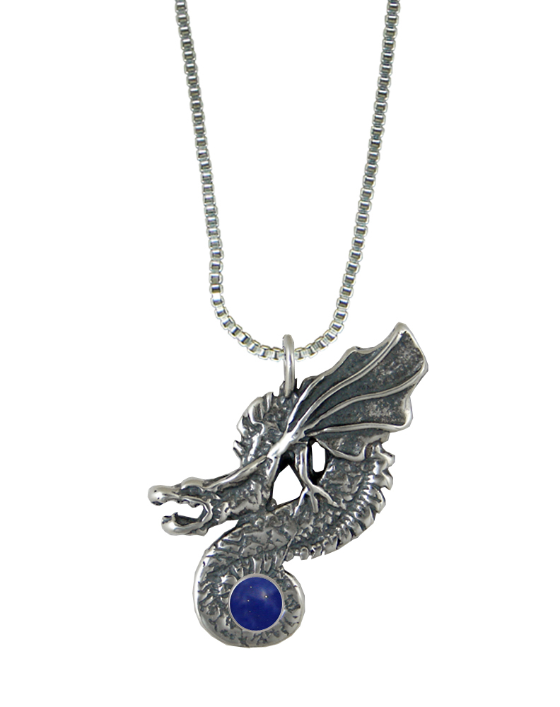 Sterling Silver Wyvern Dragon Pendant With Lapis Lazuli